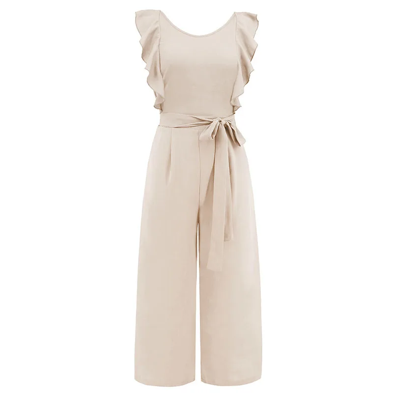 Jumpsuits Forwomen Elegant Office Lady Ruffle Sleeveless Lace Up Straight Leg Pants 2023 Summer New O Neck High Waist Jumpsuit