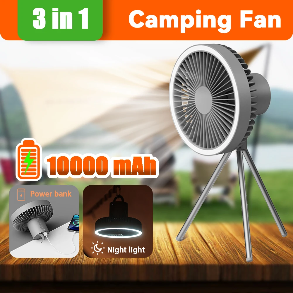Portable Tripod Camping Fan with Power Bank Night Light 10000mAh Rechargeable USB Wireless Ceiling Fan for Outdoor Travel
