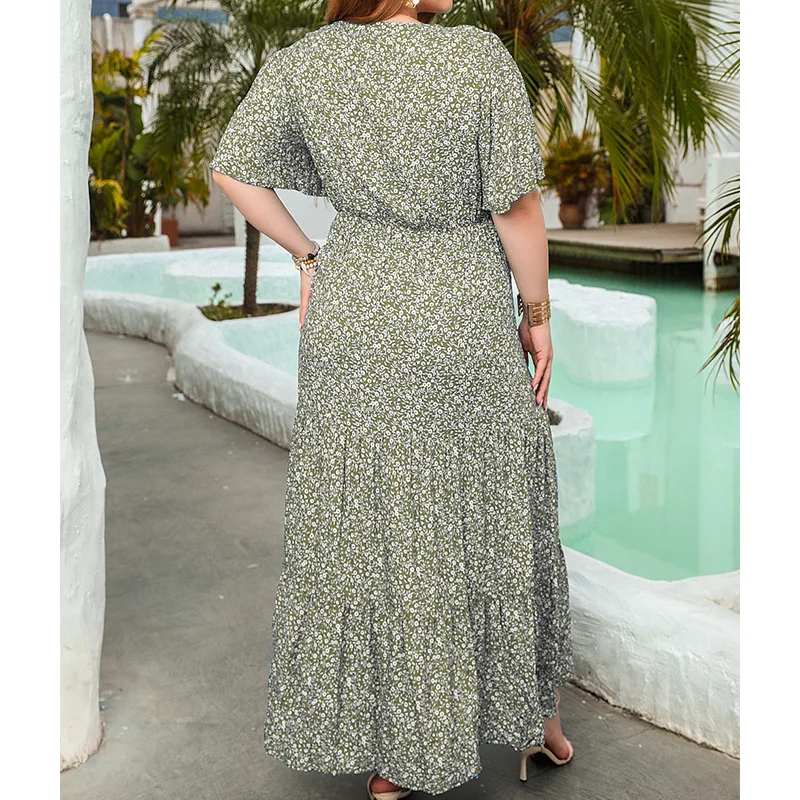 Leisure Vacation Plus Size Womens Clothing Round Neck Scattered Small Flower Sand Plants Of Design Short Sleeve Long Dresses