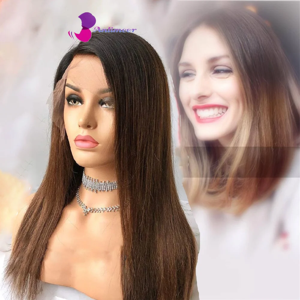 

Ombre Chestnut Brown Highlight Wigs Silk Top Lace Front Wig 100% Human Hair Lace Front Wigs 1B/6 Colorful Silk Straight Wig