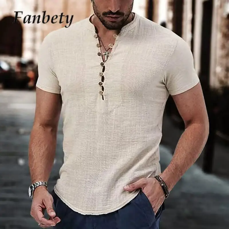 

New Men's Linen Casual T Shirt Summer O Neck Short Sleeve Simple Tops Street Mens All-match Solid Color Single-breasted Pullover