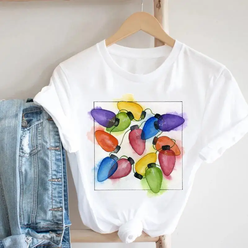 

Женская Акварельная легкая Праздничная футболка на Рождество и новый год, модная симпатичная футболка с рисунком, топ с мультяшным графиче...