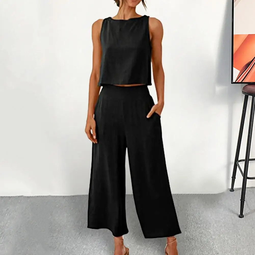 

O-neck Sleeveless Tops Long Trousers Set Stylish Women's 2-piece Set Sleeveless Cropped Tops Wide Leg Pants for A Loose Fit