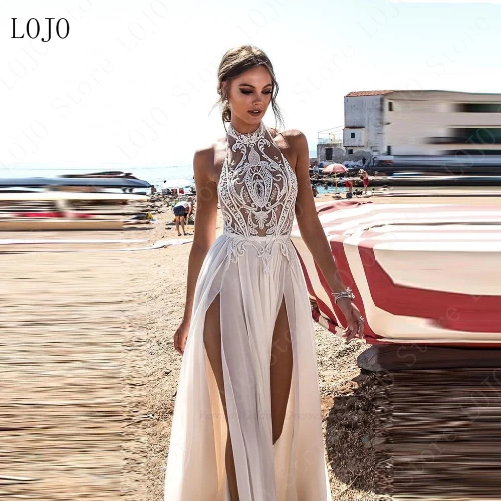 Купи LOJO wd163 Beach Wedding Dress Boho Bride Gown Sexy High Side Slit Halter Lace Top Chiffon Skirt Long Backless Bridal Dress за 4,650 рублей в магазине AliExpress