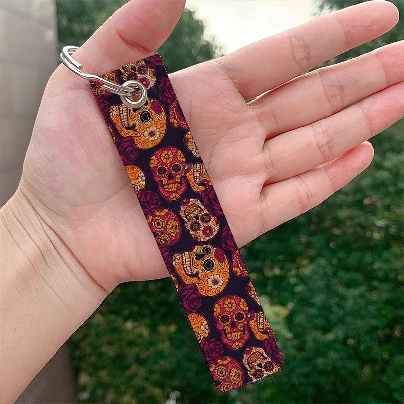 

Sugar Skull Pattern leather motorcycle Custom Keychain Strap Keyrings Hanging Holder Bag Wallet Trinket Keychain Hanging Bag