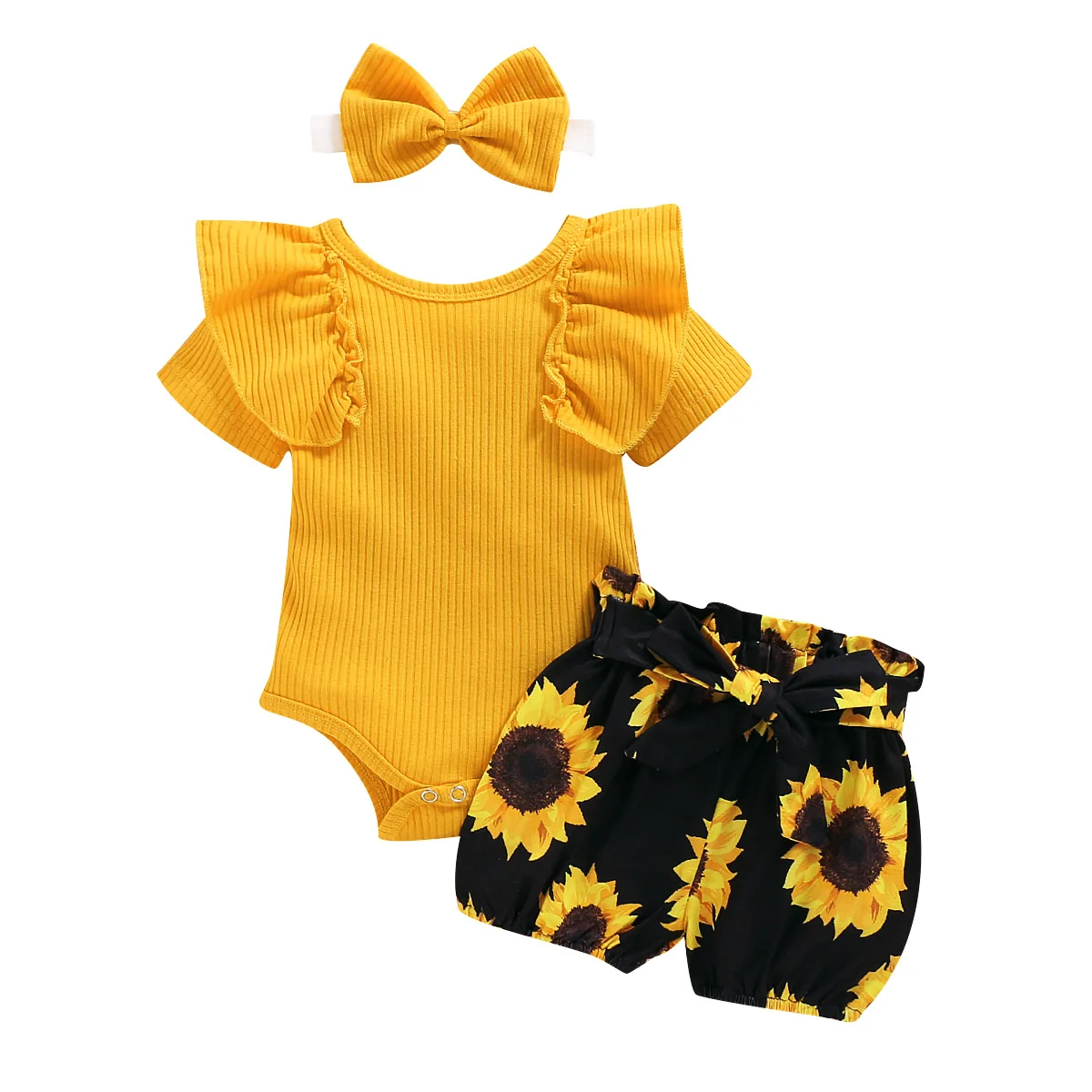 

Baby Girls Clothes Set Yellow Rib Knit Bodysuit Ruffles Romper Floral Sunflower Shorts Headband 0-24M Infant Toddler Outfit New