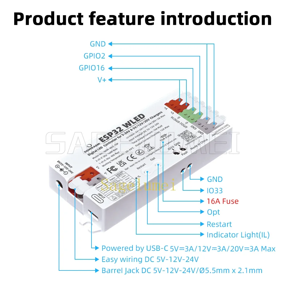 Фото Вход DC5-24 В, ESP32 PD Power Быстрая настройка Контроллер DOMRAEM WLED с микрофоном Двойной предохранитель 16 А для WS2811 WS2812B WS2805 SK6812 APA102 №5