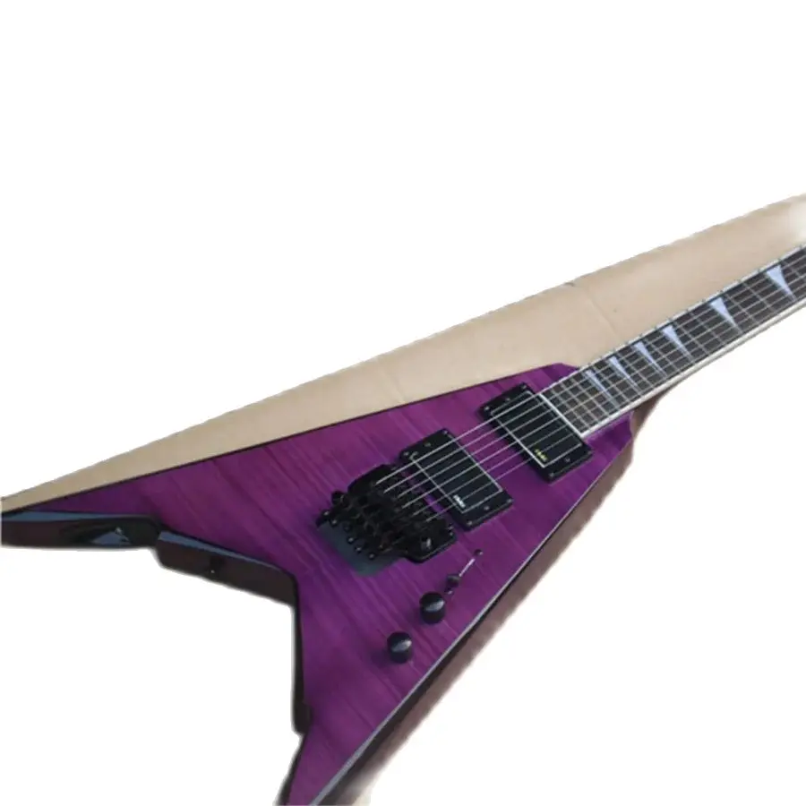 

Индивидуальная Заводская V-образная 6-струнная электрическая гитара с фиолетовым корпусом Redwood Fretboard черная твердая древесина под заказ
