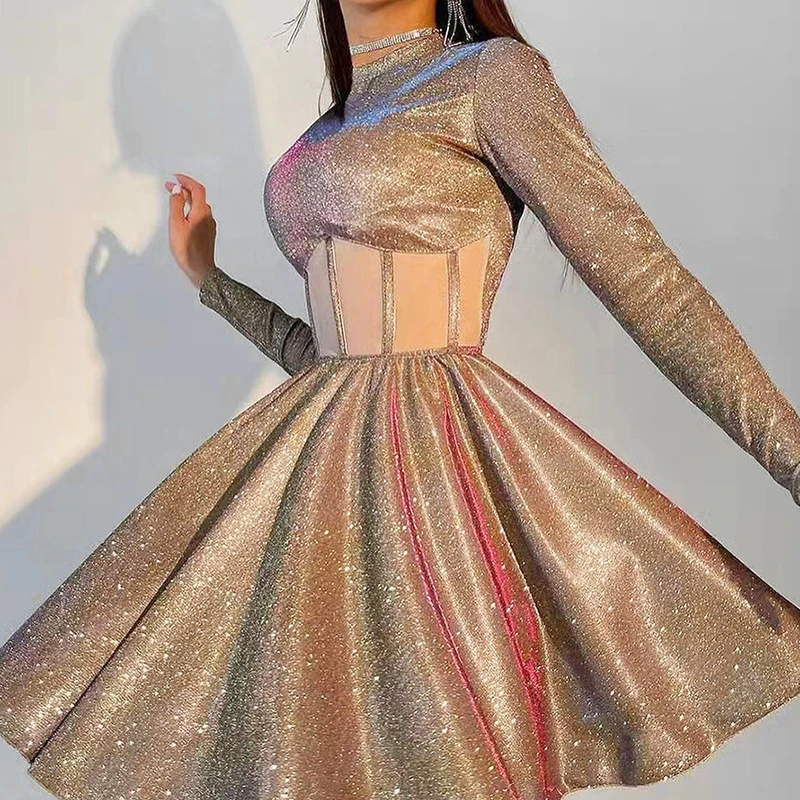 

Sunny y.j. Bright Silk Sequin Party Dress Women Long Sleeve Mesh Patchwork Evening Flare Mini Dress Clubwear High Waist Elegant