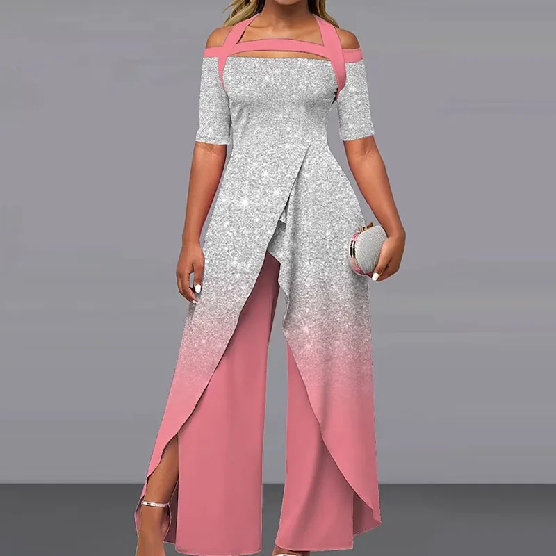 

Женский комбинезон в стиле ретро, комбинезон с коротким рукавом, широкими штанинами и разрезом, соблазнительный комбинезон с лямкой на шее и модным принтом в стиле пэчворк, 2023