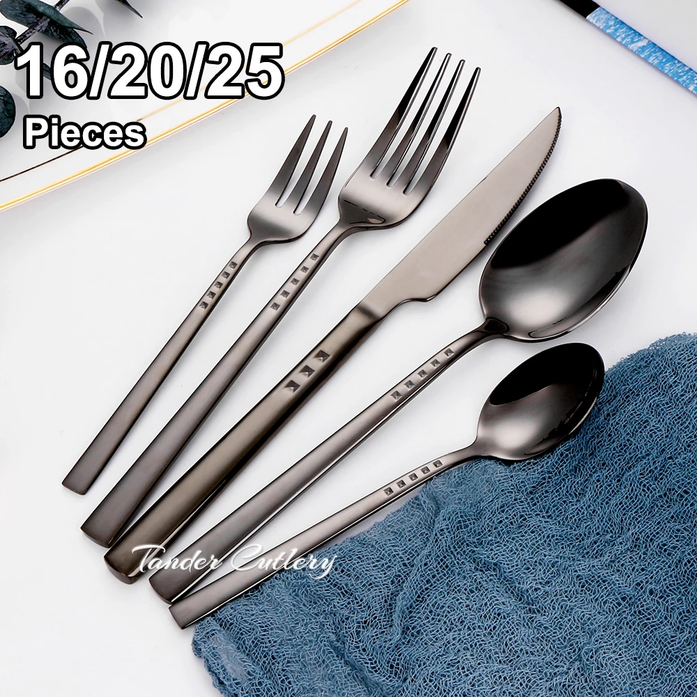 

16/20/25Pcs Gold Cutlery Western Tableware Black Knife Fork Spoon Stainless Steel Dinner Set Mirror Elegant Kitchen Utensils