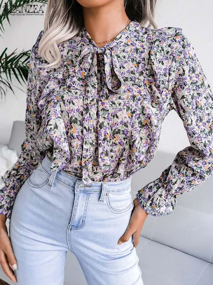 

ZANZEA Puff Sleeve Blouse Women Fashion OL Ruffle Tops Tunic Casual Bohemian Printed Bow Tie Blusas Femininas Oversize Chemise 7