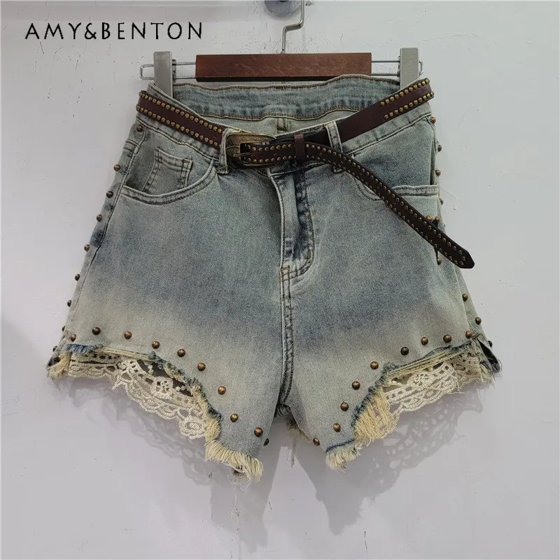 

European Station 2023 Summer New Denim High Waist Shorts Heavy Industry Rivets Hemming Lace Retro Jeans Short Pants For Women