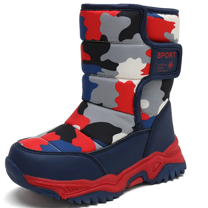 

Зимние детские сапоги, плюшевая детская обувь для девочек и мальчиков, детская Водонепроницаемая теплая камуфляжная Нескользящая уличная хлопковая обувь 26-38