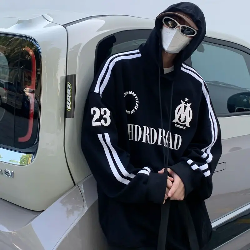 

Hybskr Hooded Sweatshirts Men's Letter Printing Fashion Side Stripe Tops Baggy Harajuku Pullovers Hoodies Y2k Casual Streetwear