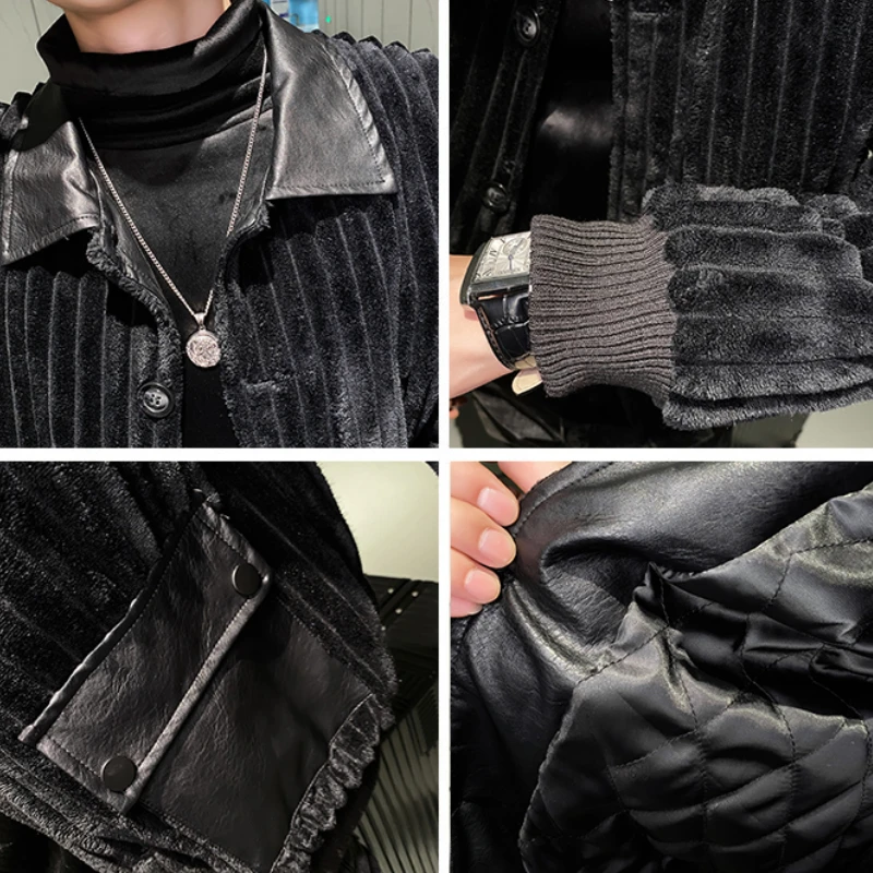 2022 Winter Corduroy PU Patchwork Jacket Men Fashion Streetwear Parka Jackets Lapel Slim Casual Business Overcoat Men Clothing
