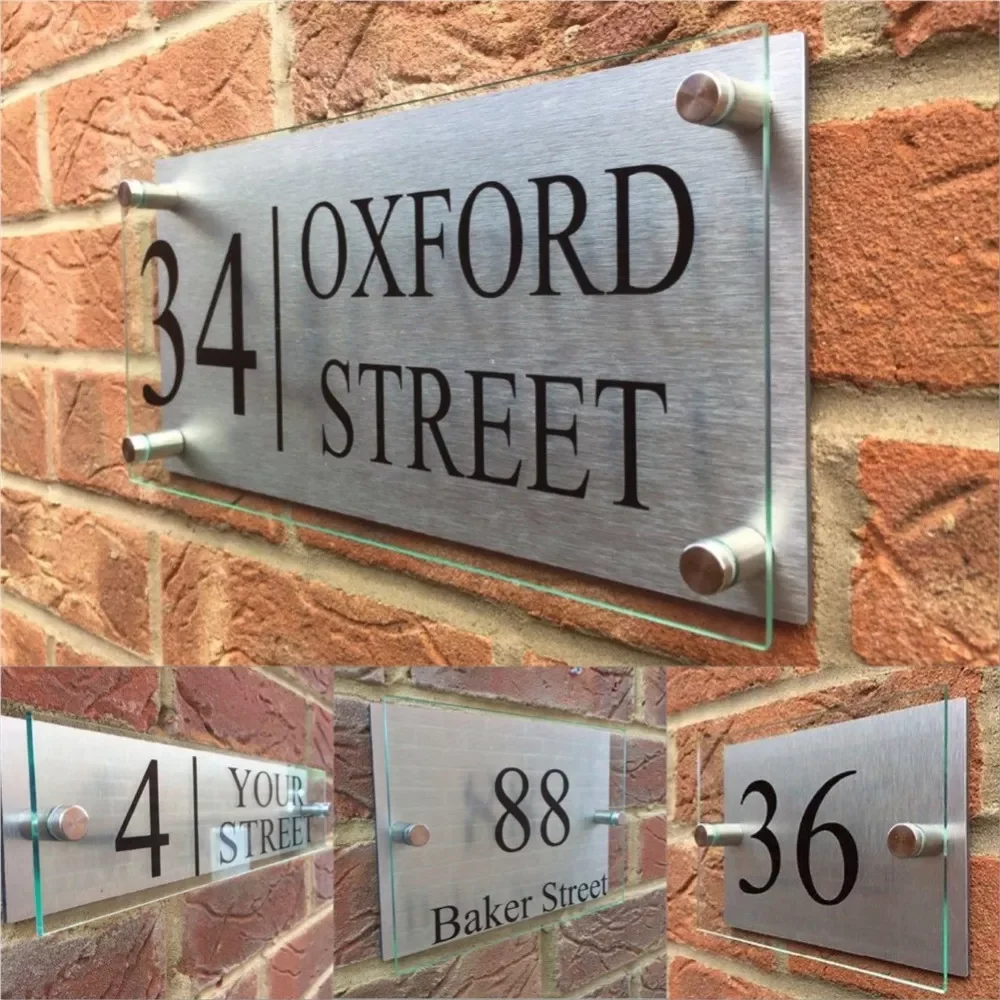 

Customized Transparent Acrylic House Number Signs Door Plates Plaques With Silver Aluminum Backing Panel Door Number Plate