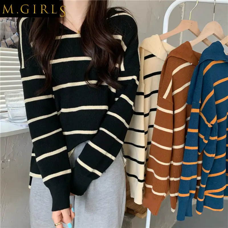 

Striped Pullovers Women Spring Vintage 4 Colors Design Jumpers Knitted Cozy Female Leisure Chic Students Korean Style Femme Ins