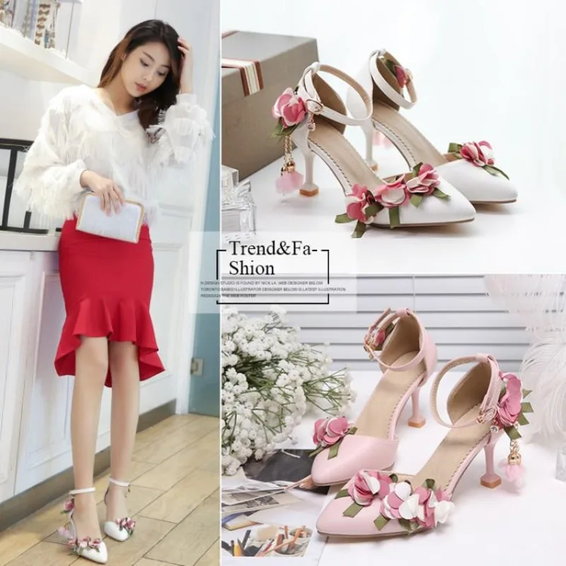 

Women Flower Fairy Sandals Lolita Princess Heels Tassel High Pumps Elegant Wedding Party Bride Shoes Fashion Shallow Sandalias