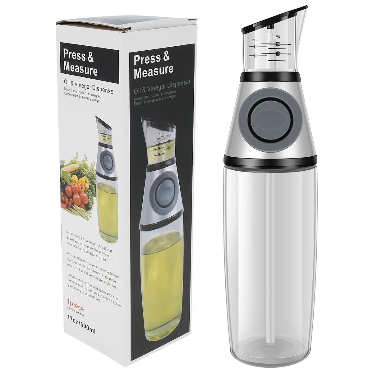 

Measuring Oil Dispenser 500ML/17oz Olive Oil Dispenser Bottle Refillable Oil Vinegar Pourer with Measuring Scale Pump Clear