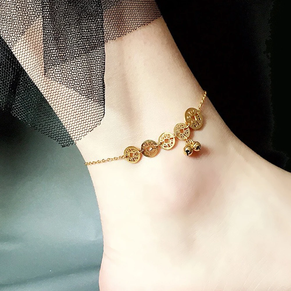 

Медный ножной браслет с монетами для женщин, из нержавеющей стали, не выцветает, сексуальный простой ножной браслет с колокольчиком, Пляжная летняя цепочка для ног, женская бижутерия в подарок