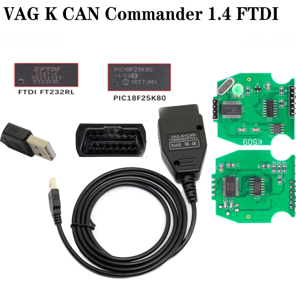 Диагностический сканер VAG K + CAN Commander 1 4 FTDI Obd2 инструмент OBDII COM K-line кабель для