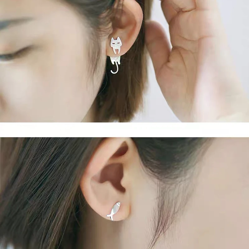 

Simple Fashion Cute Cat Fish Earrings Female Asymmetric Design Fish Cat Earrings Romantic Love Girl Jewelry Party Holiday Gift