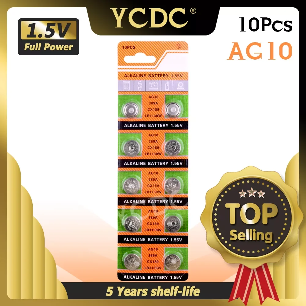 

YCDC Button Battery 10pcs AG10 LR1130 389 SR1130 189 LR54 Cell Coin Alkaline Battery 1.55V SR54 389 189 For Watch Toys Remote