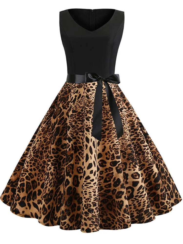 Sexy Party Leopard Print Sleeveless Summer Dress Women Casual Chic Midi Dresses 50s 60s Vintage Rockabilly Dress Robe