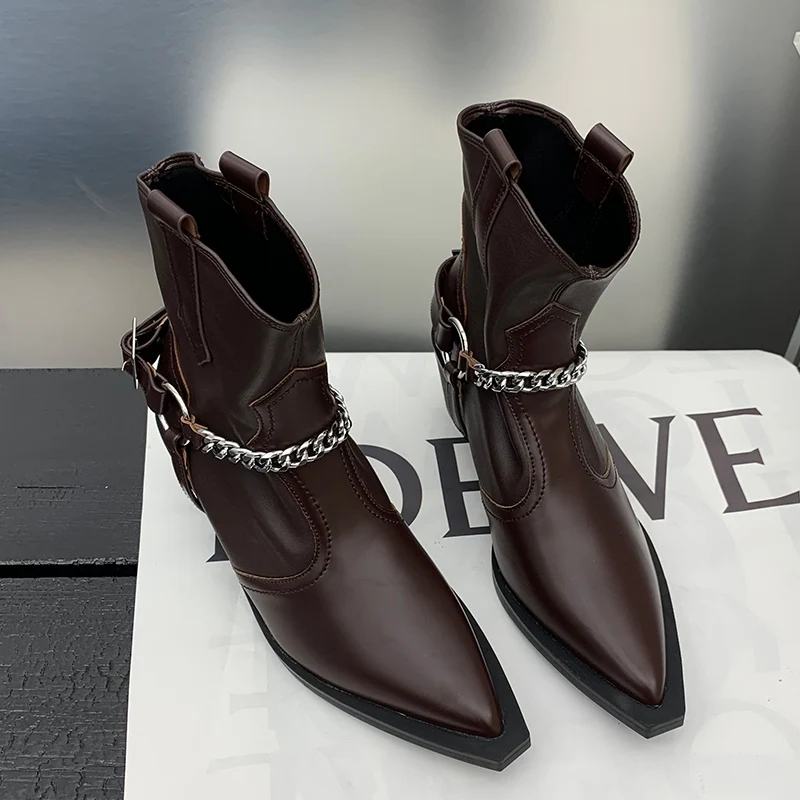

Woman Western Chelsea Ankle Boots Square Toe 2022 Fashion Metal Chain Ladies Short Booties Modern Slip On Female Heels Shoes