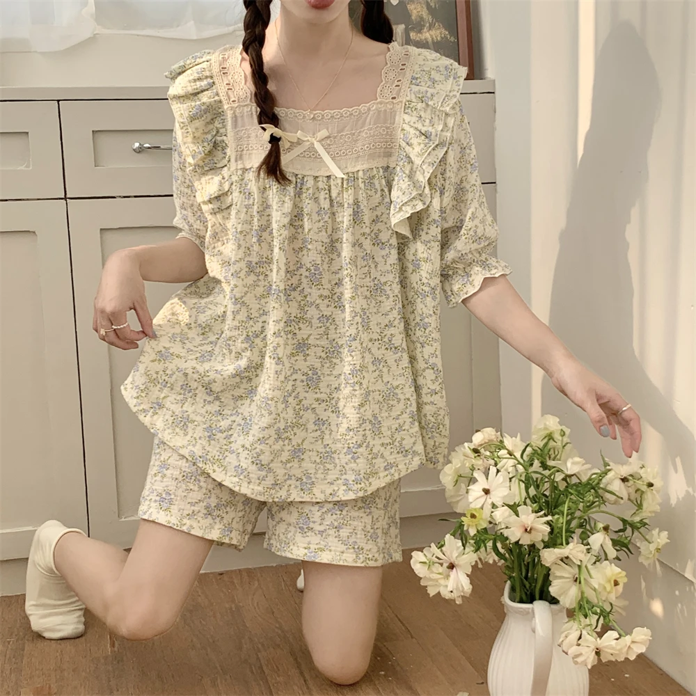 

Летний пижамный комплект для женщин, одежда для сна с цветочным принтом, домашняя одежда, хлопковый Пижамный костюм с шортами, милый Кружевной Костюм с оборками для студентов, креп S187