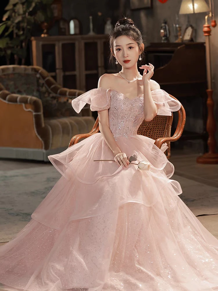 Nagodo  2023 New In High-end Luxury Pink Off Shoulder Evening Long DressesWomen Strapless Shiny Mesh Tulle Party Prom Dresses