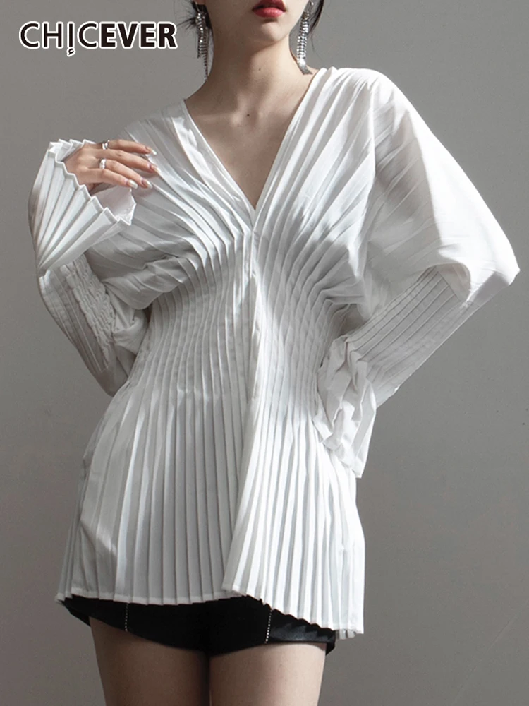 

CHICEVER Casual Fold Pleated Shirt V Neck Long Sleeve Solid Slim Blouses Female Korean Fashion Clothing Spring Style New 2022