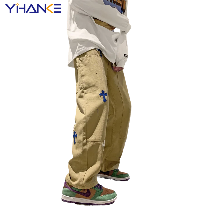 YIHANKE Washed Stitching Jeans Men's and Women's Straight-leg Pants Blue and White Cross Patch Jeans Straight-leg Couple's Pants