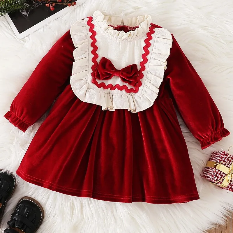 

2023 Christmas Dress for Spanish Girls Winter Velvet Dresses for Baby Girl Children Xmas Party Costume Kids One-piece Gowns