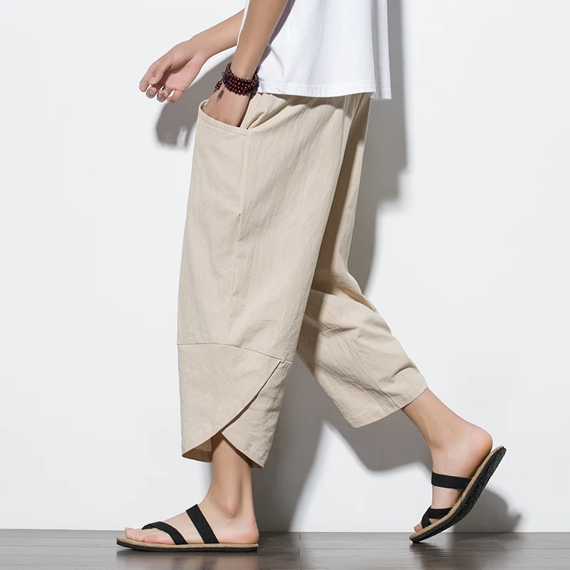 

2023 Summr Men Chinese Style Cotton Linen Harem Pants Men Streetwear Breathable Beach Pants Male Casual Calf-Lenght Trousers