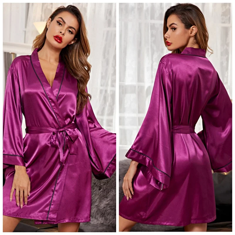 New Summer Pajamas For Women  Sexy Satin Silk Like Nightgown Casual Nightwear Bathrobe Cardigan Robe Set Sleepwear Ladies Kimono