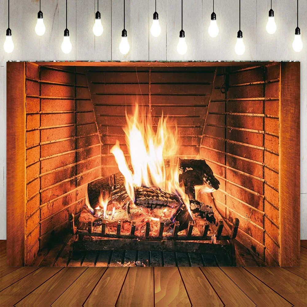 Christmas Backdrop Interior Fireplace Burning Firewood Photo Xmas Photography Background for Kids Family Camping BBQ Party Decor