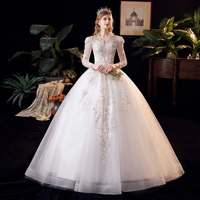 

Luxury V Neck Long Sleeve Wedding Dress 2022 High Waist For Pregnant Beading Embroidery Tuller Ball Gown Wedding Gowns