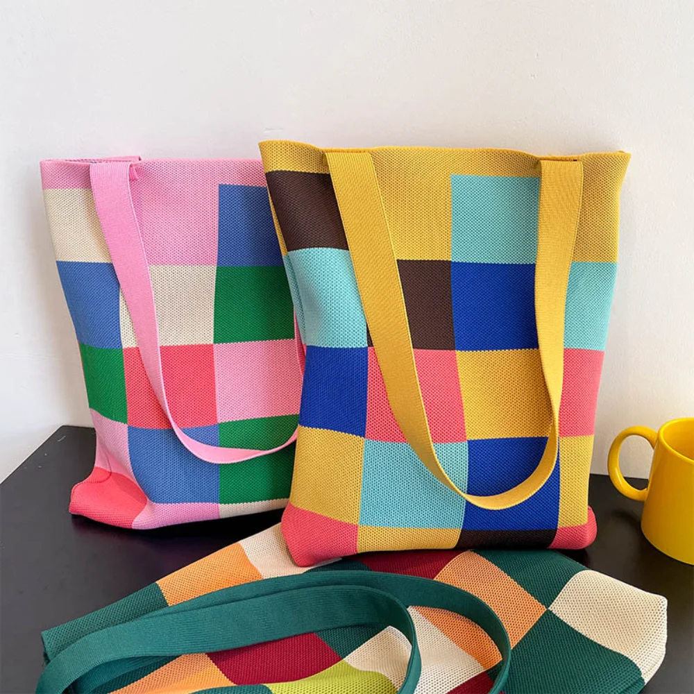 Новая Радужная Шахматная сумка женская вязаная шерстяная сумка-мешок ручной