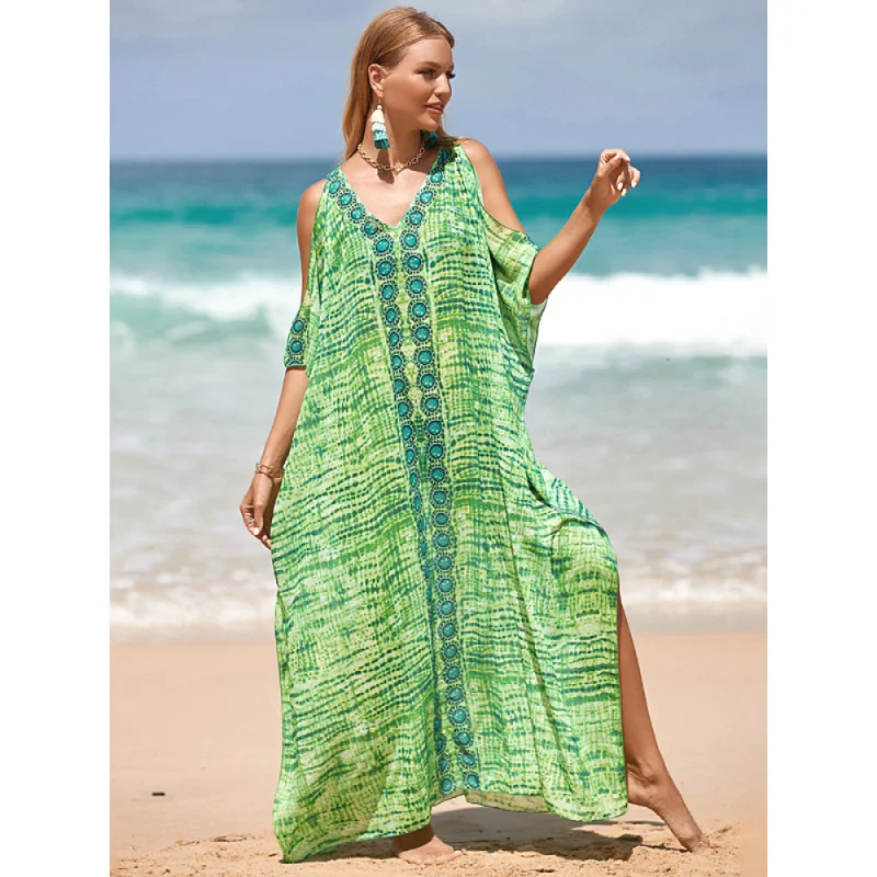

Зеленые богемные пляжные платья, накидки с открытыми плечами для купальников, модные кафтаны для женщин, макси халат, праздничные купальные костюмы