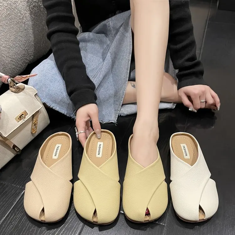 Baotou Half Slippers Women's Summer Outwear 2023 New Soft Sole Woven Flat Bottom Casual Sandals French Slippers