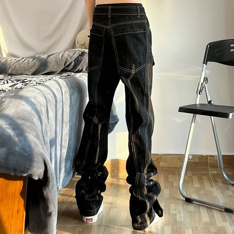 DEEPTOWN Button Cargo Jeans Men Baggy Pants for Mens Designer Cargos Denim Trousers Male Pocket Streetwear Hip Hop Distressed