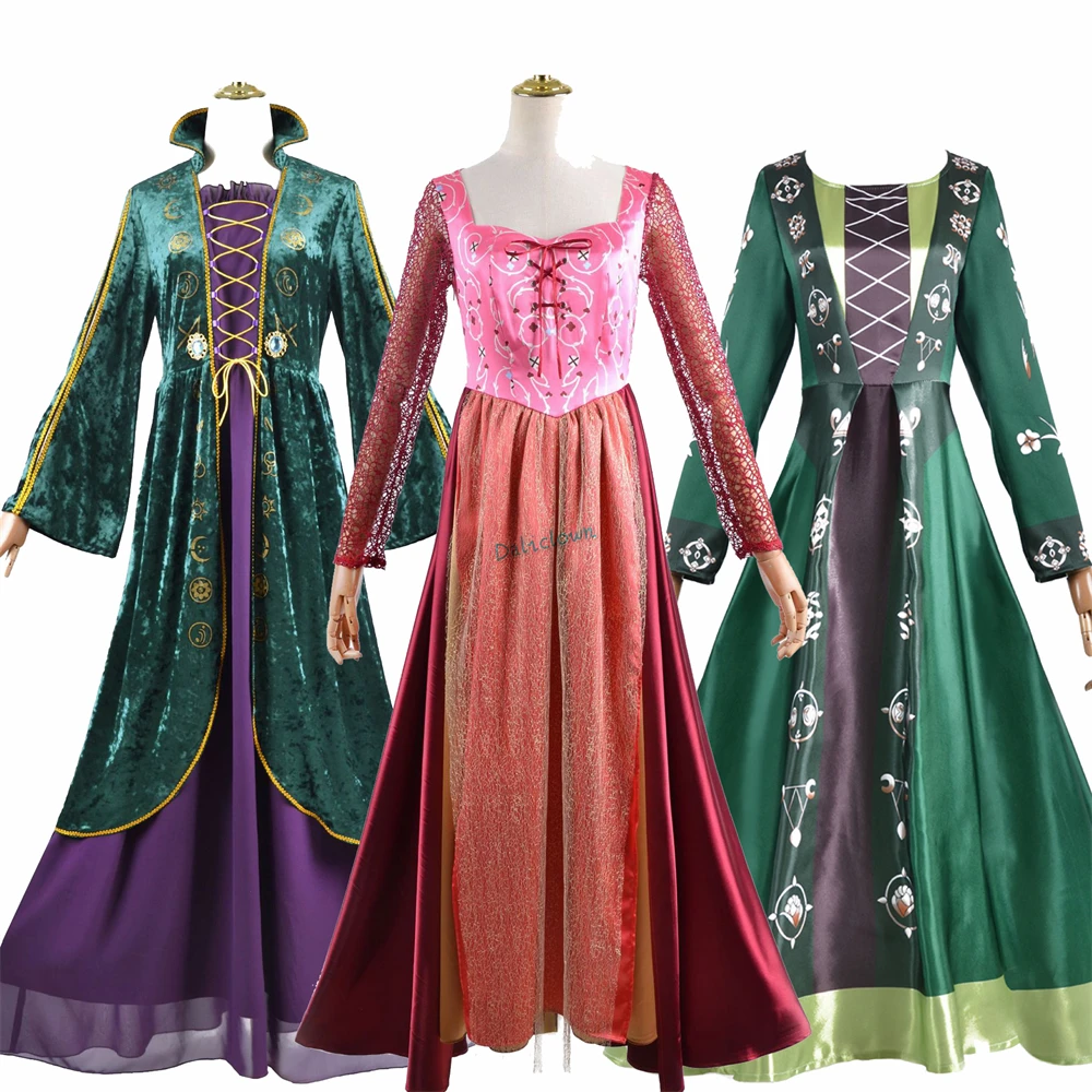 

Hocus Pocus Costume Women Adult Winifred Sanderson Cosplay Sarah Mary Sisters Witch Costume Halloween Carnival Outfit Dress Wig