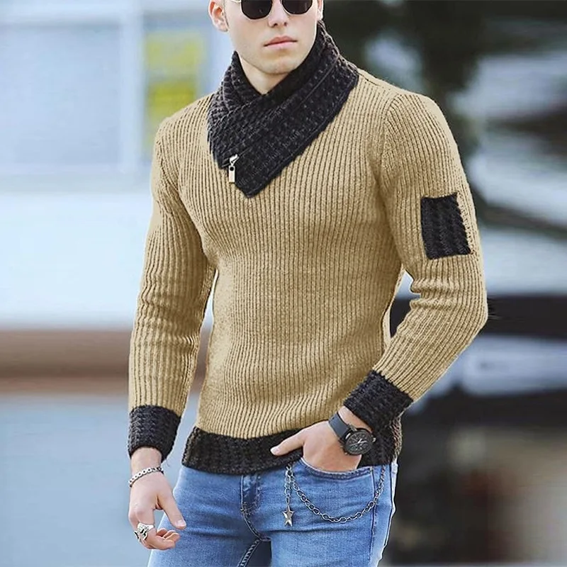 Autumn And Winter New Men's Casual Stitching Knitted Pullover Turtleneck Sweater