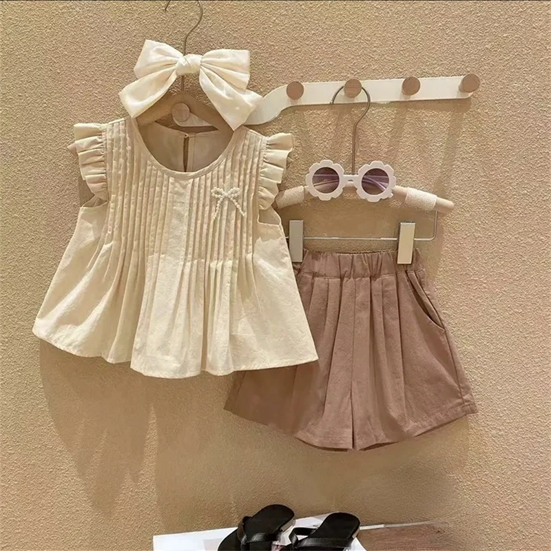 

2023 New 2-7Y Kids Girls Summer Clothes Set Baby Bow Ruffles Sleeveless Solid Tops + Shorts + Headwear Children Outfit