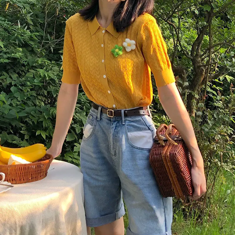 

Summer Short Sleeves Knitted Cardigan Short T-shirt Y2k Tops Korean Fashion Office Ladies Business Crop Tops New Thin