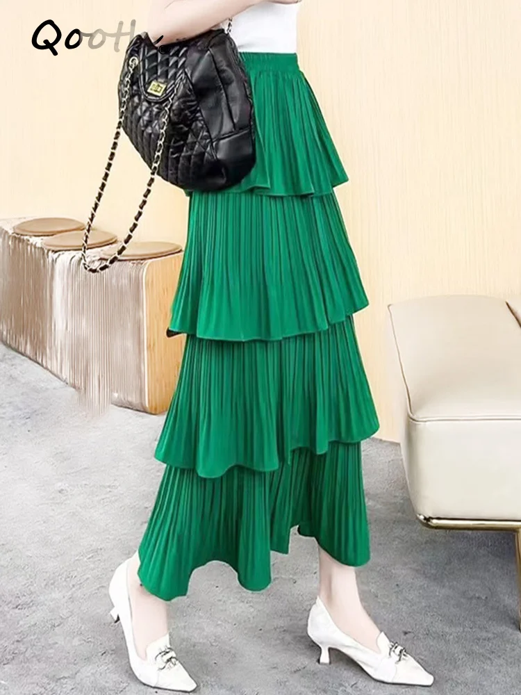 

Qooth Spring Summer Women Fashion Layered High-waisted Skirts Casual Solid Color Cake Skirt QT1683