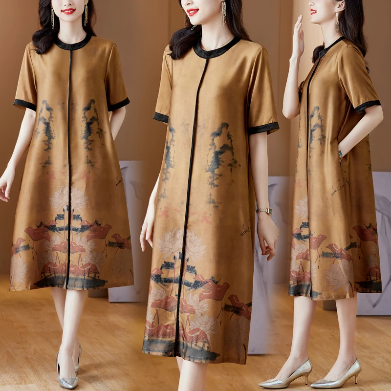 Летнее желтое шелковое атласное платье миди с цветочным принтом и коротким