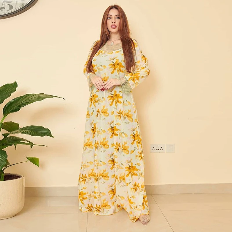 Flower Print Lace Eid Abaya For Women 2022 Diamond Ramadan Dubai Arab Evening Morocco Arabic Abayas Hijab Muslim Dress Turkey